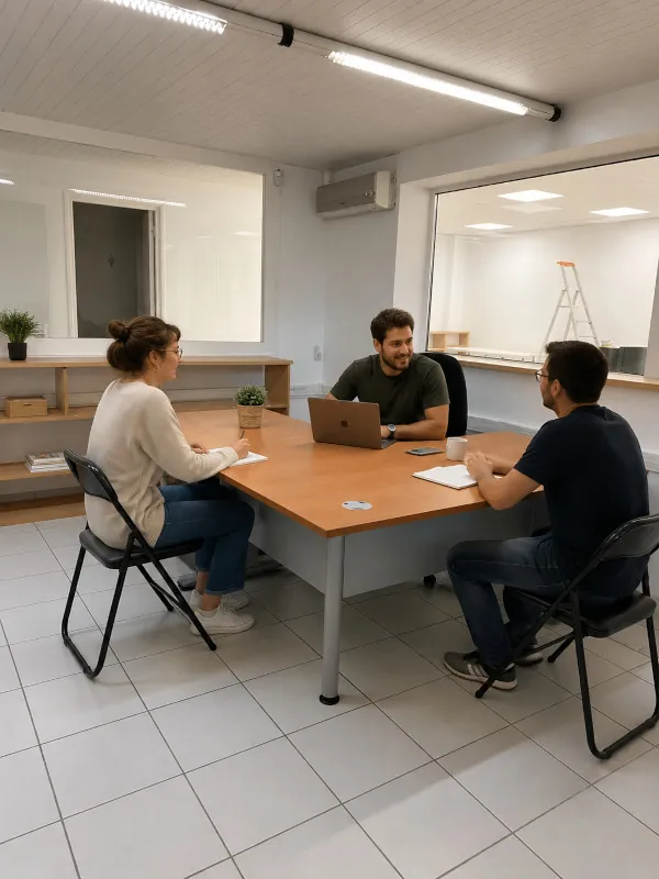 Bureau d'angle Abelia avec 3 chaises de bureau et trois personnes autour - Espace Coworking Malemort