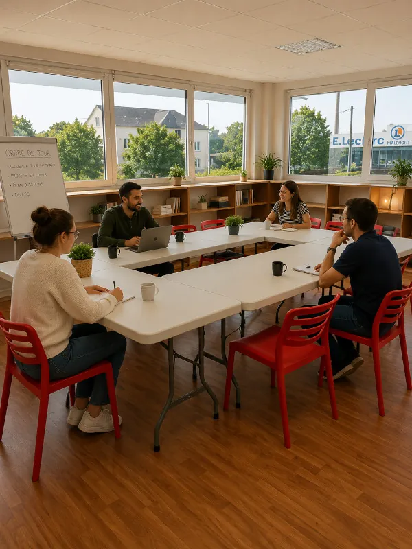 Grande salle de réunion Gynkgo avec chaises rouges autour de plusieurs tables en U en réunion 4 personnes - Espaces Coworking Malemort