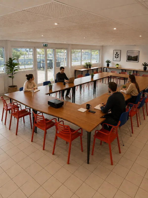 Grande salle de réunion Sequoia avec chaises en forme de U et personnes dans la salle - Espaces Coworking Malemort